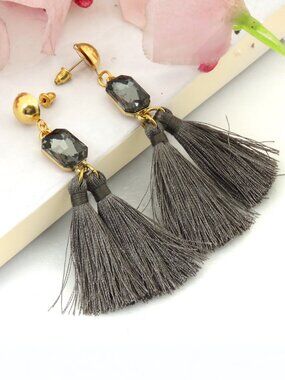 Fashion Women Grey Tassel Drop Earrings with Crystal Stone & Gold Plated Stud